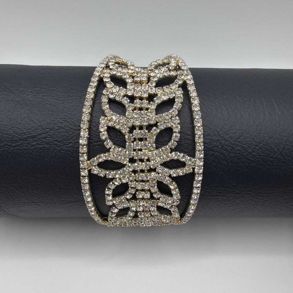 VTG Rhinestone Statement Cuff Bracelet Silver Tone Openwork Floral Glam Formal